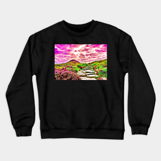 Purple Aesthetic Mountain Landscape Field of Flowers Stone Steps Crewneck Sweatshirt by BubbleMench